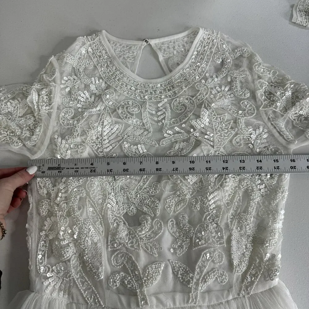 ASOS Bridal Elizabeth Long Sleeve Wedding Dress Womens 8 White Beaded Tulle Gown - Picture 9 of 14